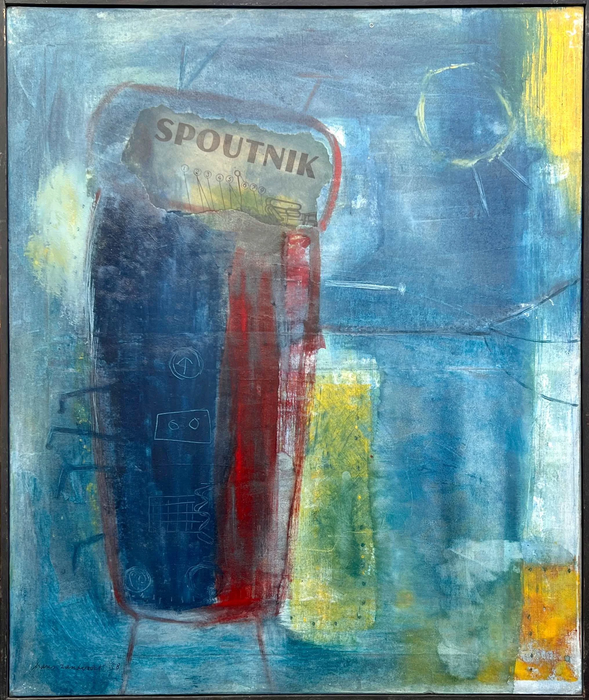 Hans Zandvoort’s Spoutnik painting, 1958, with the word “SPOUTNIK,” antenna-like lines and geometric forms against a blue background.
