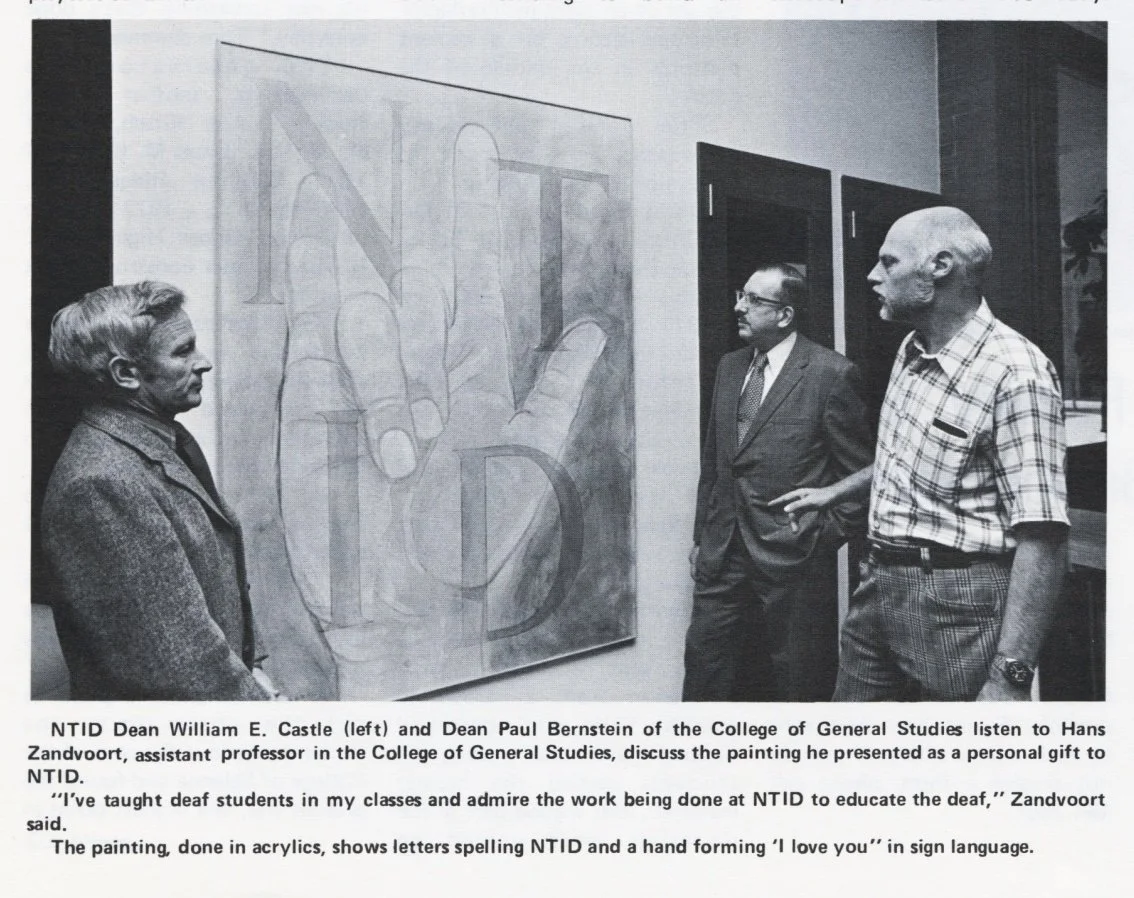 Hans Zandvoort with Dr. D. Robert Frisina and New York Governor Hugh Carey at the National Technical Institute for the Deaf (NTID), Rochester, New York, with a painting by Zandvoort.