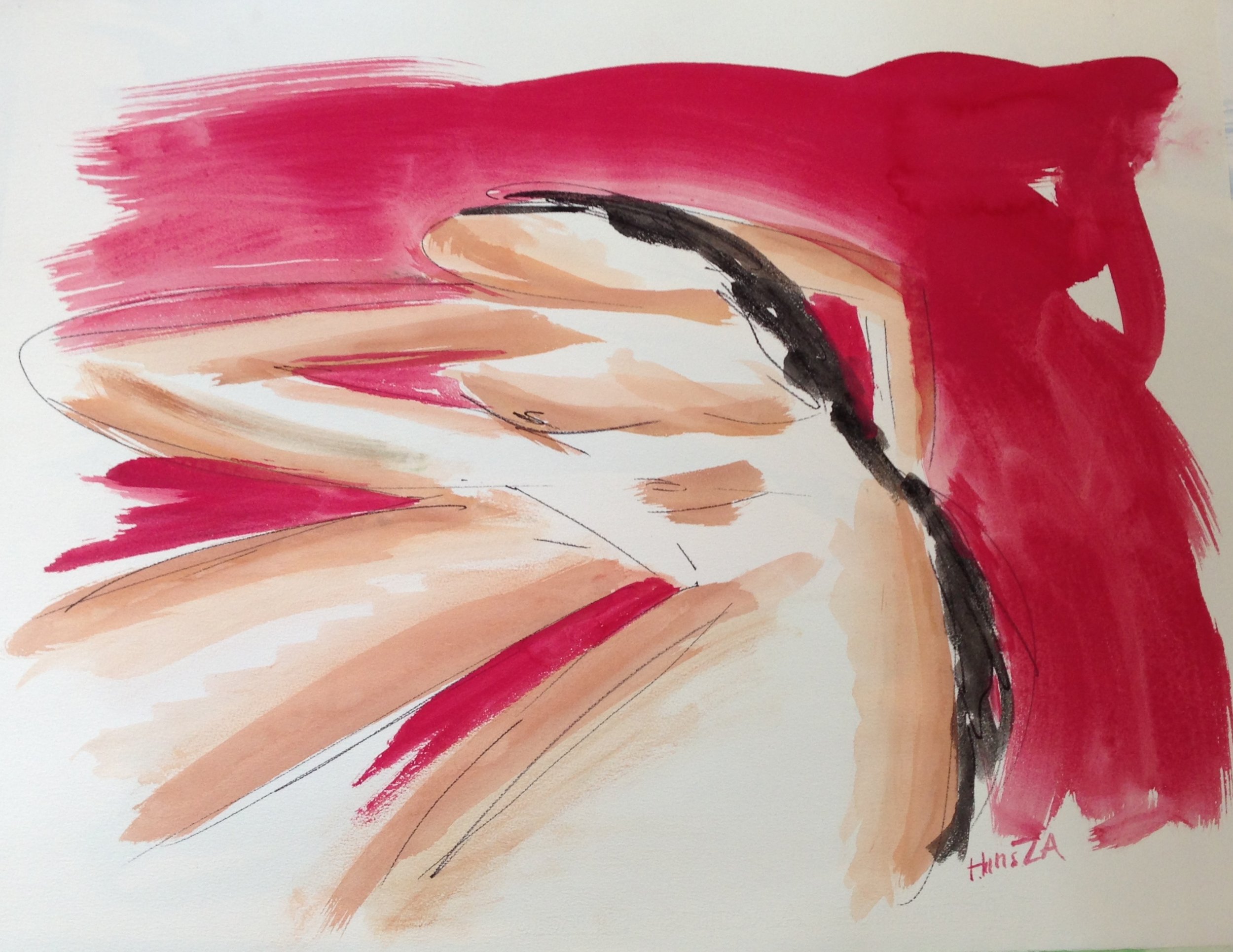 Anamorphic painting by Hans Zandvoort showing a female figure in profile against a red ground, with sweeping abstract forms.