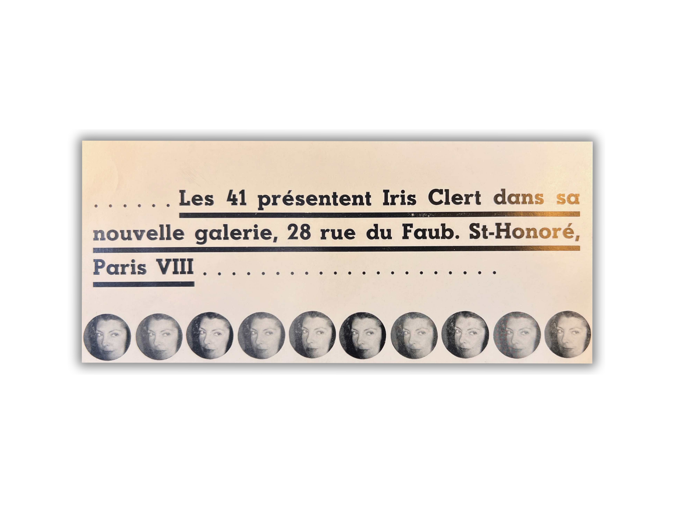 Invitation for “Les 41 présentent Iris Clert dans sa nouvelle galerie,” Paris, opening 15 May 1961.