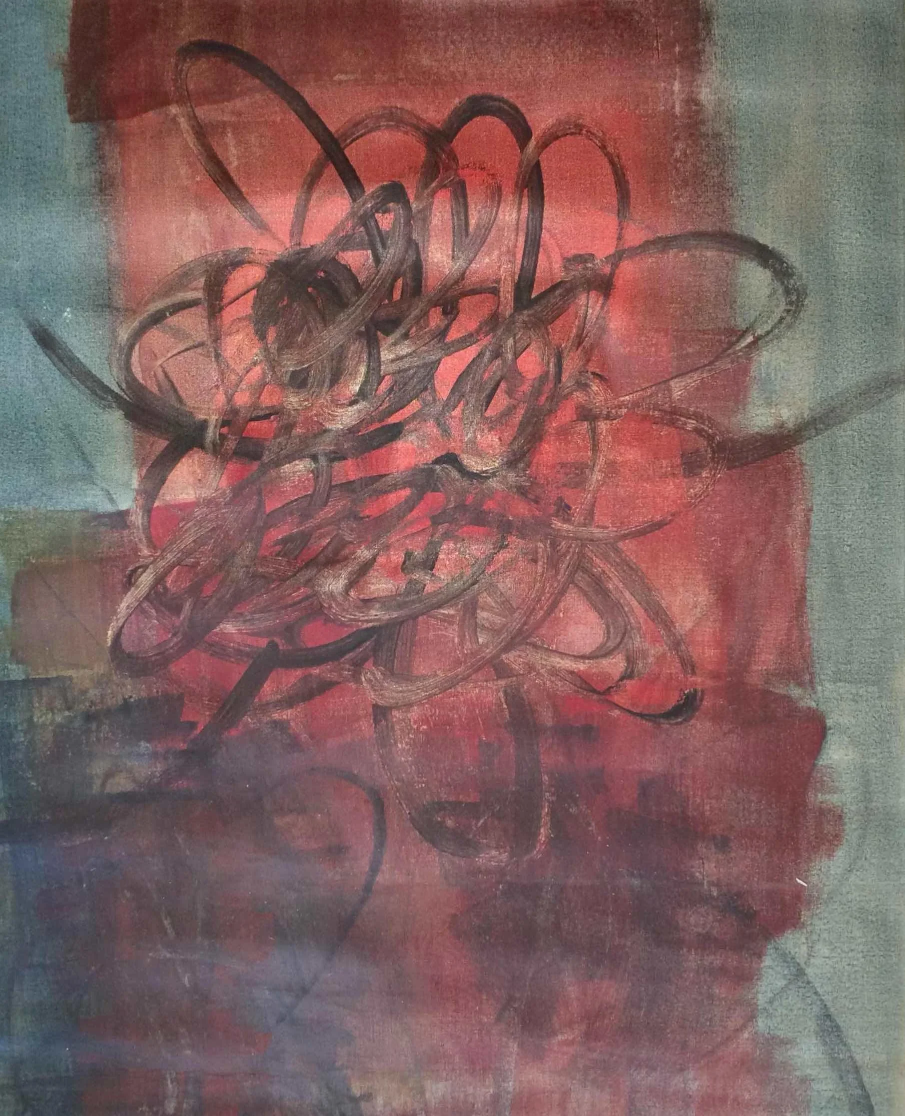Opposition-period abstract painting by Hans Zandvoort with dark linear forms over layered red, brown and green passages.