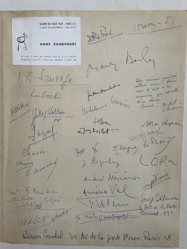 Invitation and visitor signatures from Hans Zandvoort’s 1959 exhibition at Galerie du Haut-Pavé, Paris.