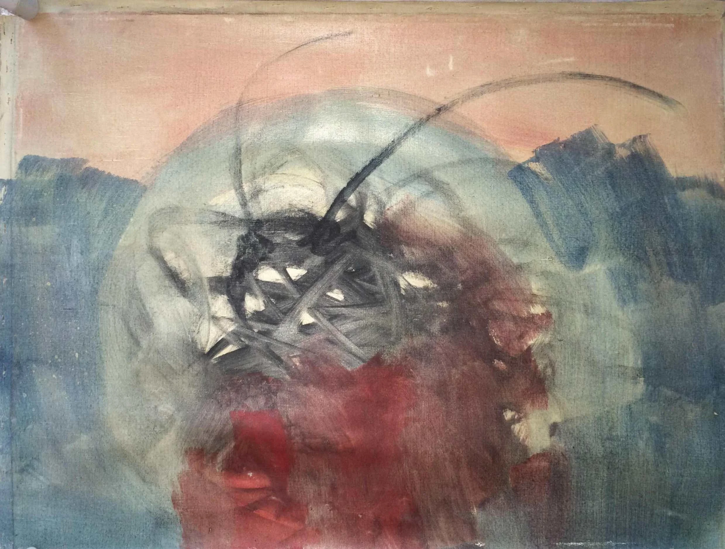 Abstract painting by Hans Zandvoort with a dark central form and layered, radiating shapes against a multicolored ground.