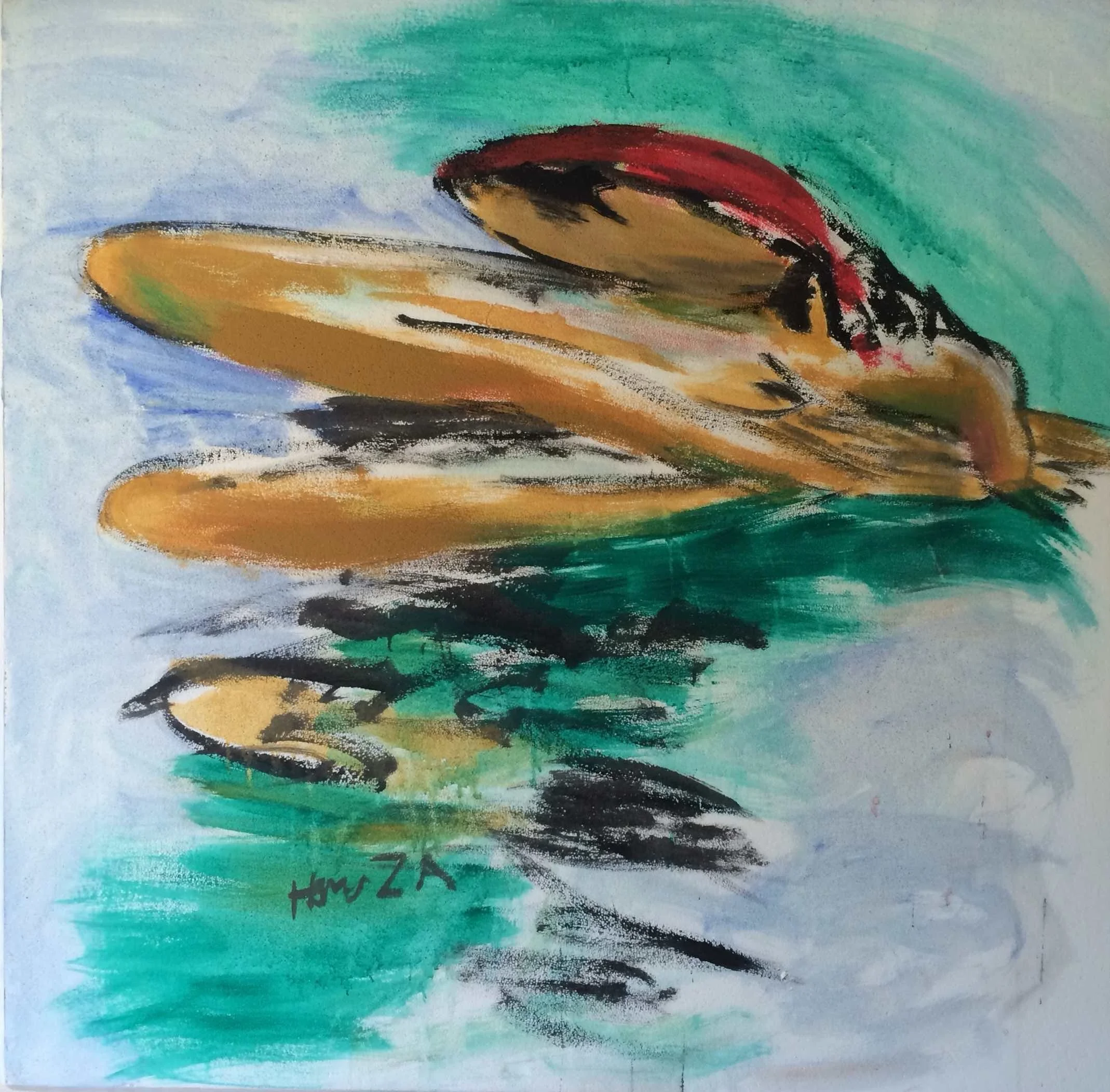 Front view of a neo-anamorphic painting by Hans Zandvoort, appearing largely abstract when viewed straight on.