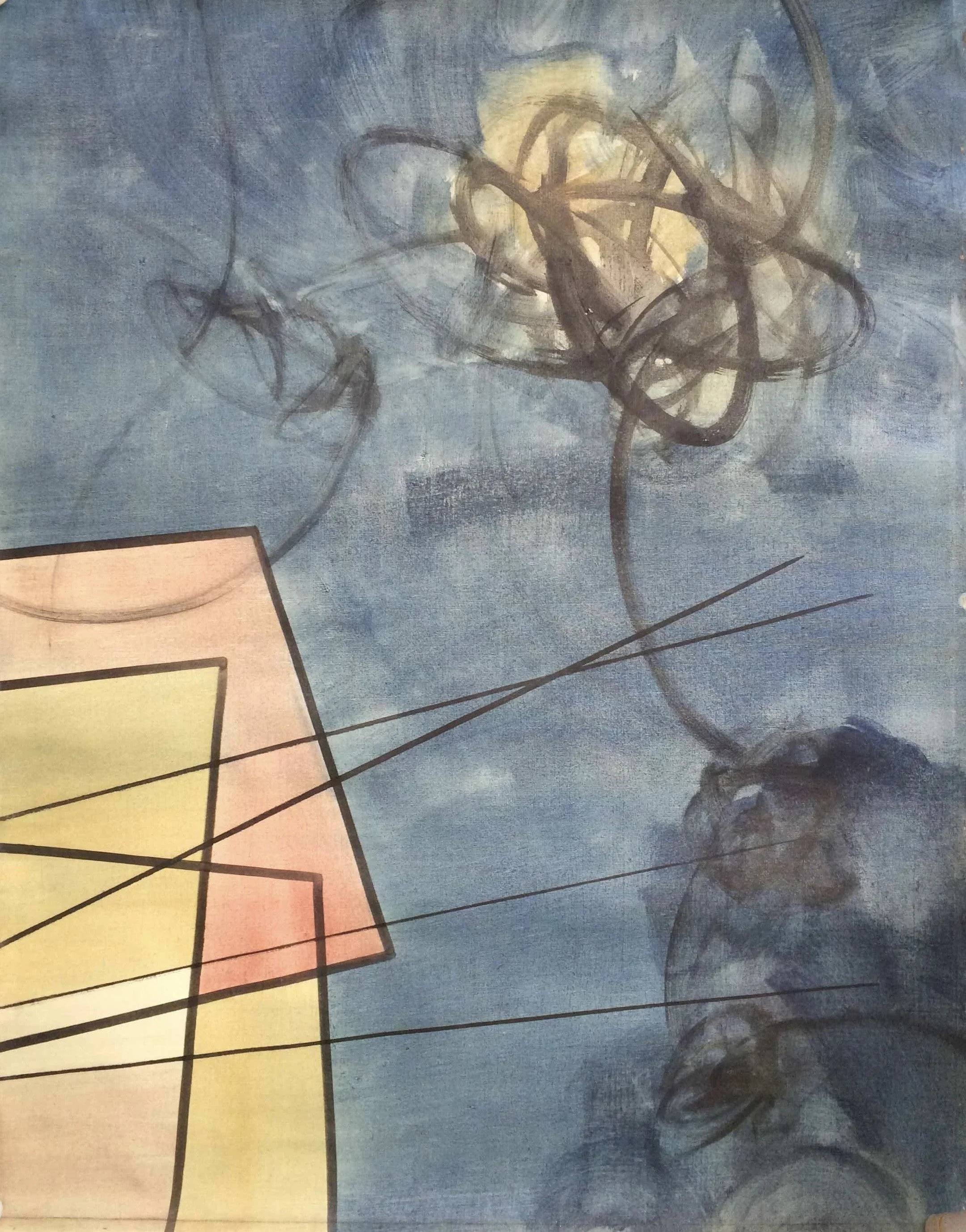 Opposition painting by Hans Zandvoort, with dark gestural lines and abstract forms against a blue field.