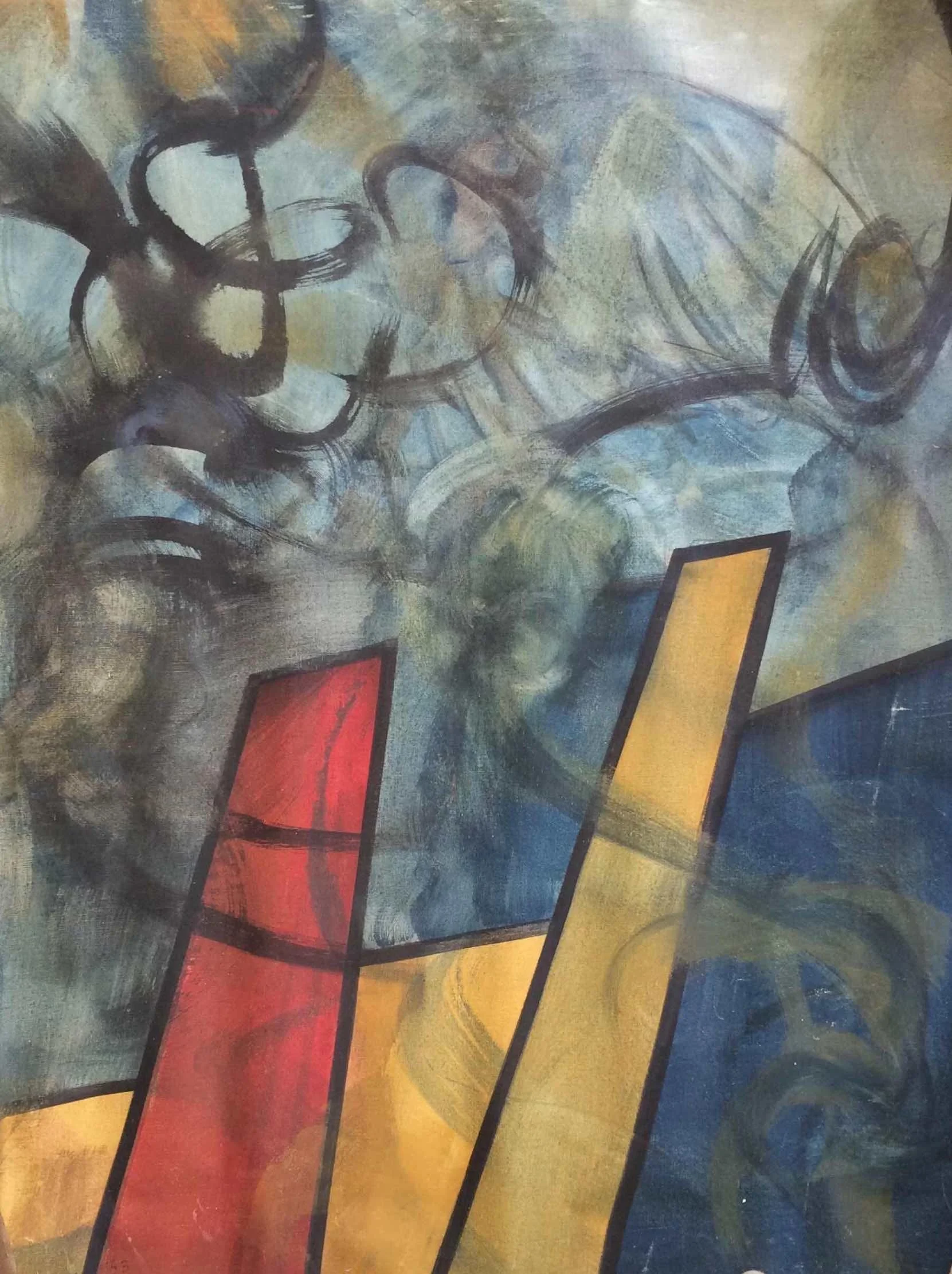 Opposition-period abstract painting by Hans Zandvoort with curved black lines and geometric forms in red, yellow and blue.
