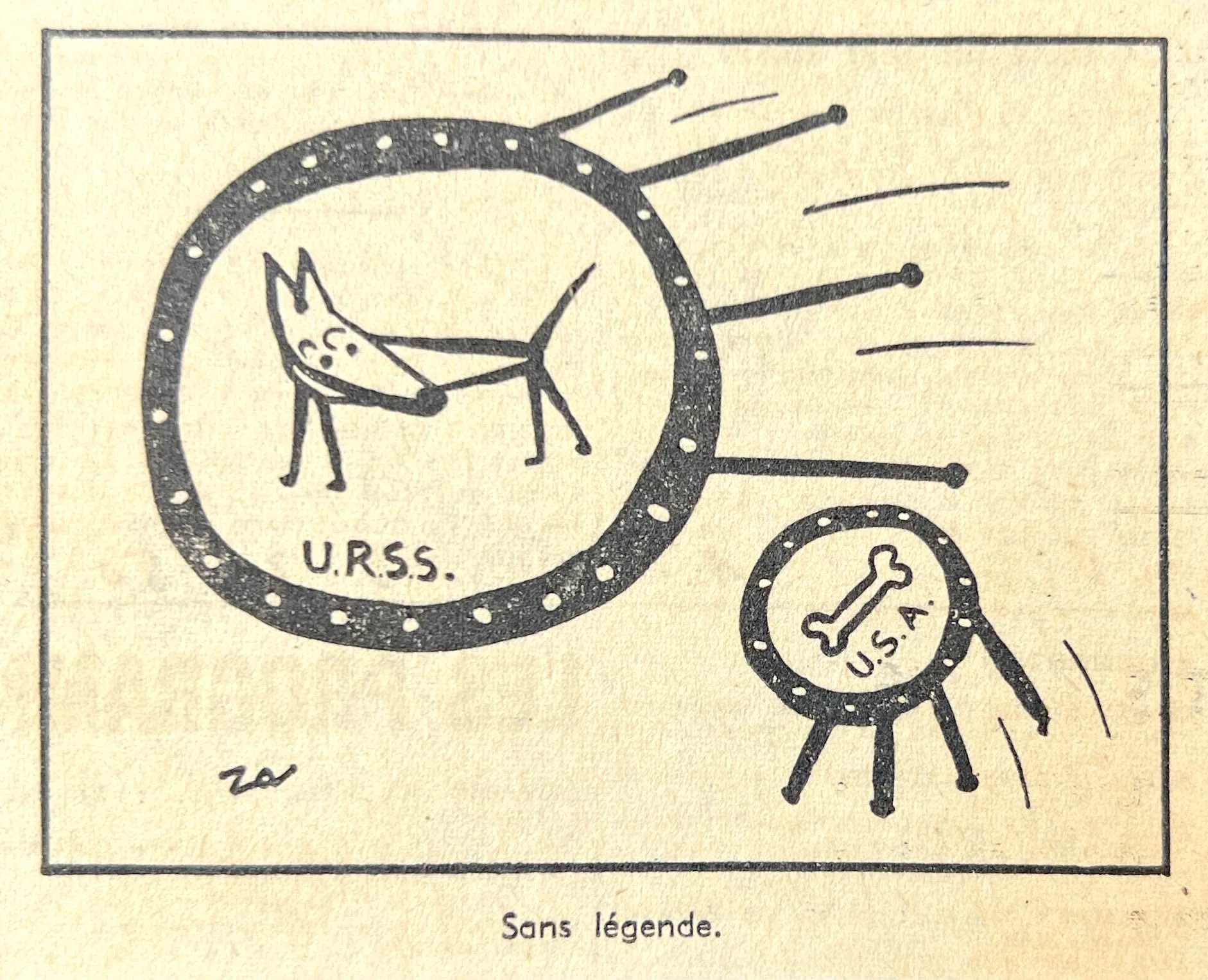Hans Zandvoort’s 1958 cartoon Sans légende, showing Laika aboard the Soviet Sputnik 2 satellite and a bone aboard an American satellite.