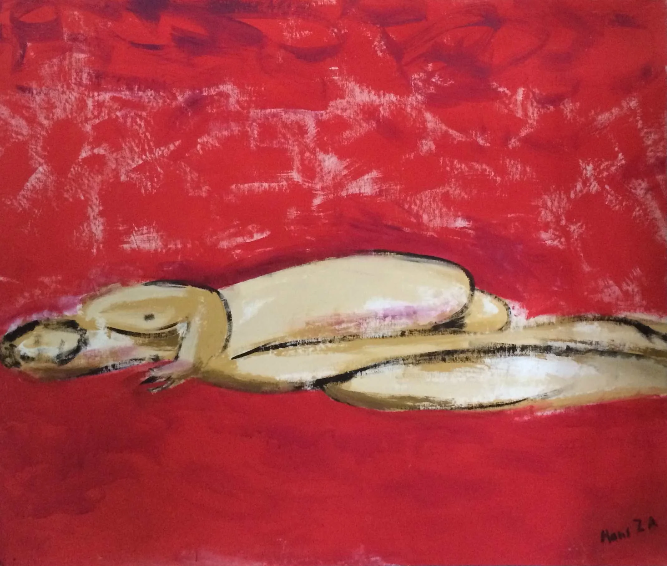 Neo-anamorphic painting by Hans Zandvoort with an elongated reclining figure outlined in black against a textured red field.