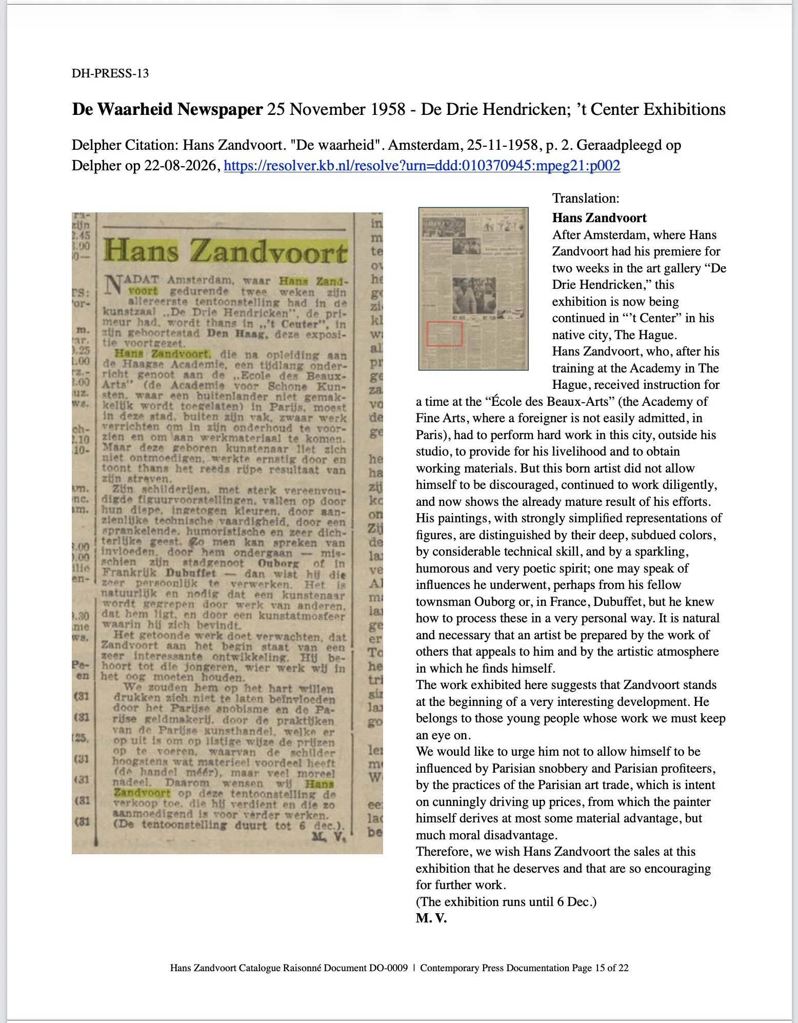 Archival documentation relating to Hans Zandvoort’s exhibition history, including reproduced press coverage.