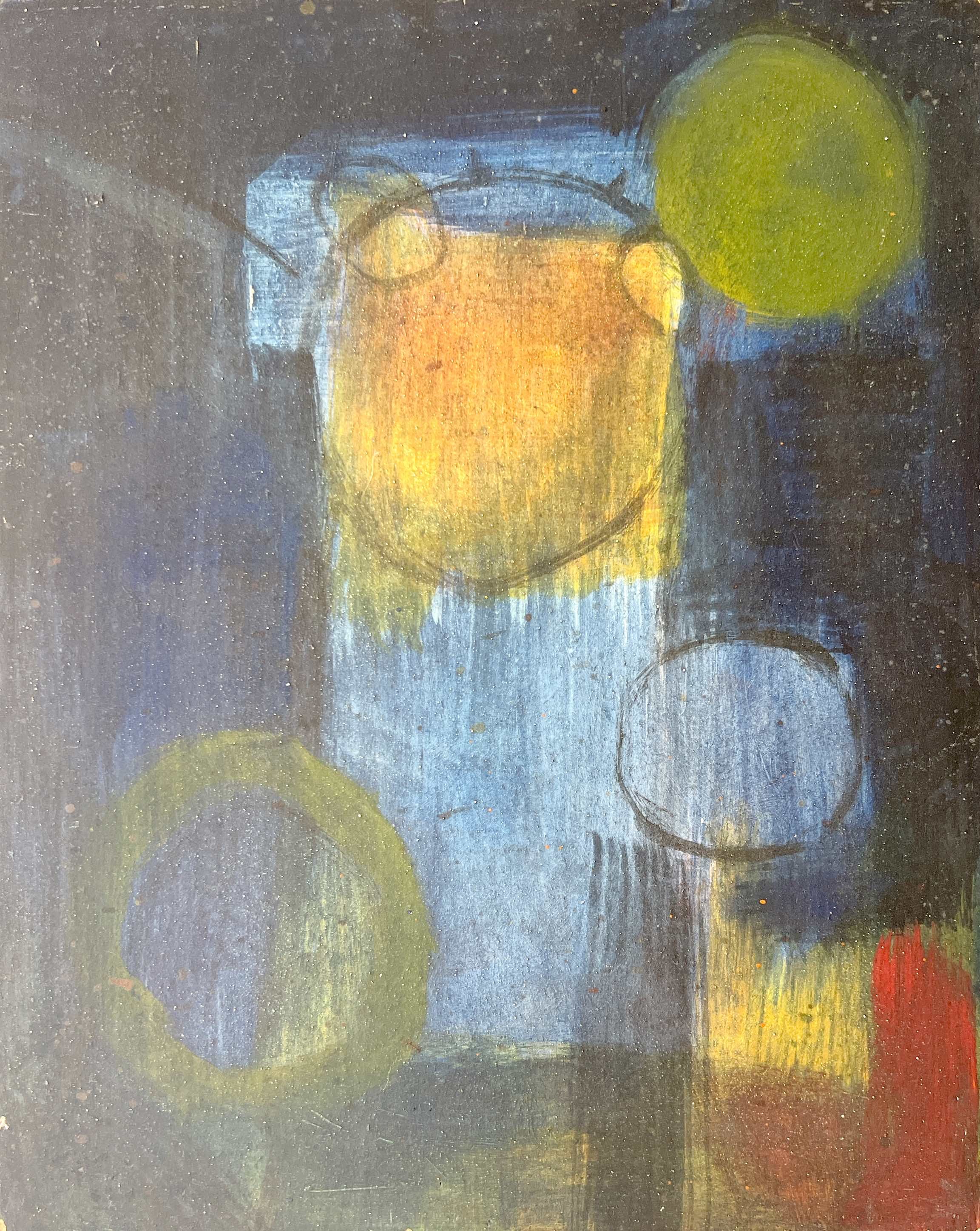 Untitled painting by Hans Zandvoort, 1960, with circular yellow, green and blue forms arranged around a vertical geometric structure.