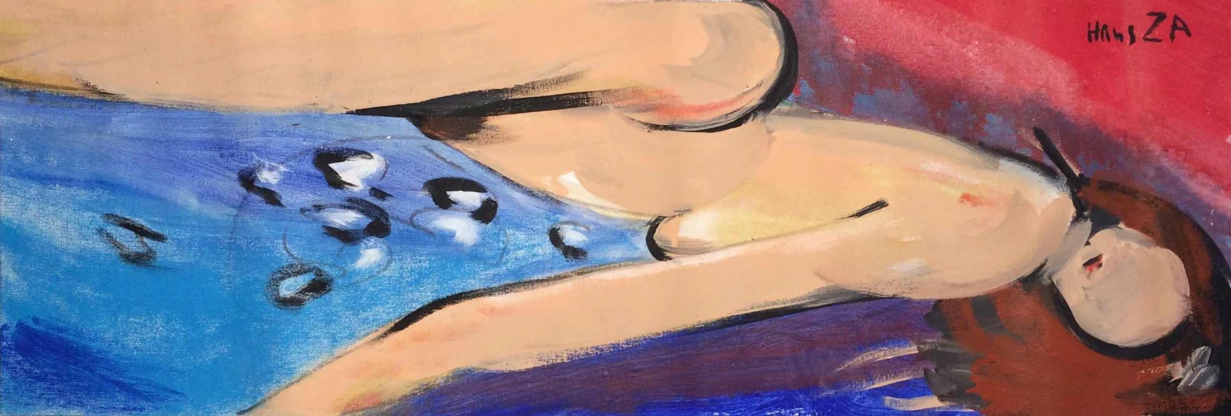 Neo-anamorphic painting by Hans Zandvoort depicting a reclining female figure, with the composition distorted for viewing from an oblique angle.