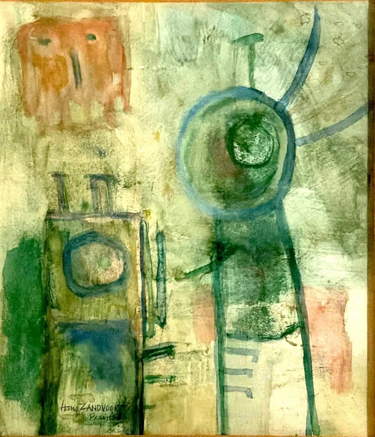 Untitled Spoutnik work by Hans Zandvoort, 1958, with two vertical capsule-like forms, circular motifs and projecting lines in blue and green.