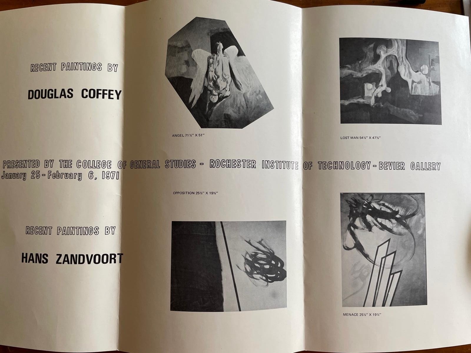 A two-page art exhibition catalog featuring recent paintings by Douglas Coffey and Hans Zandvoort, with images of abstract and figurative artworks and exhibition details.