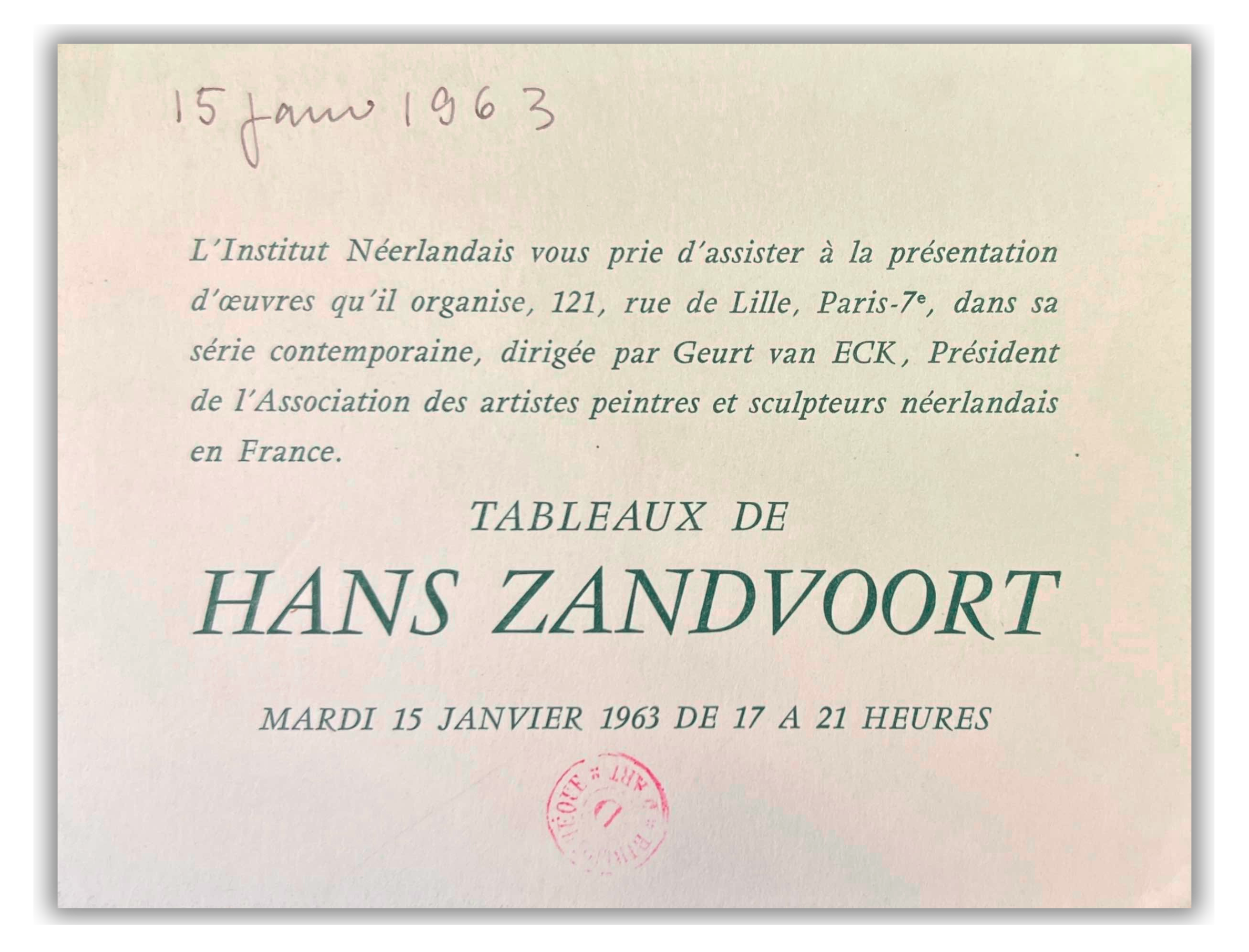 Invitation to a presentation of paintings by Hans Zandvoort at the Institut Néerlandais, Paris, 1963.