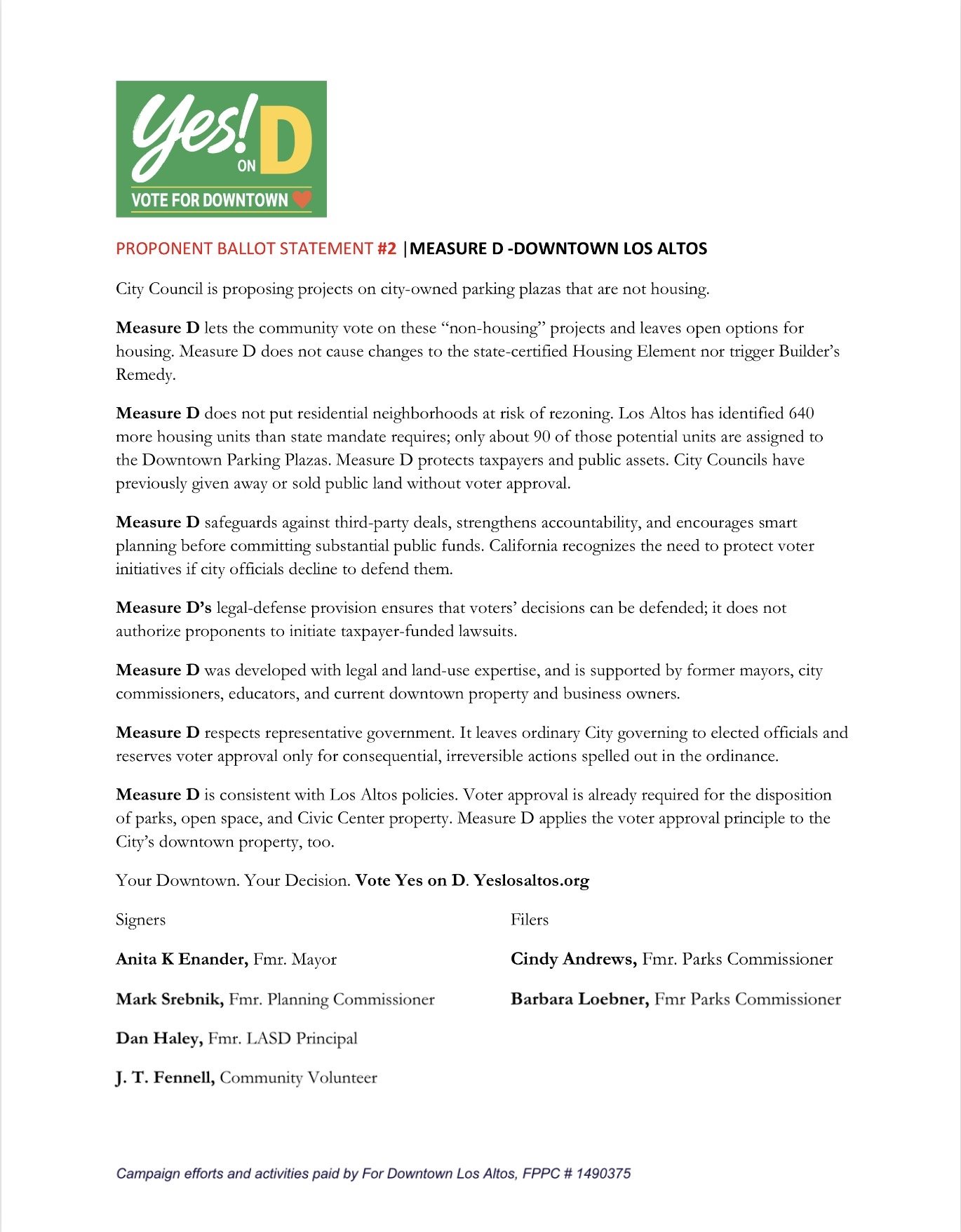 A document titled 'Proponent Ballot Statement #2' supporting Measure D for Downtown Los Altos, encouraging voting yes to approve city projects on parking plazas while protecting housing and public assets. Contains signatures from local officials and volunteers.