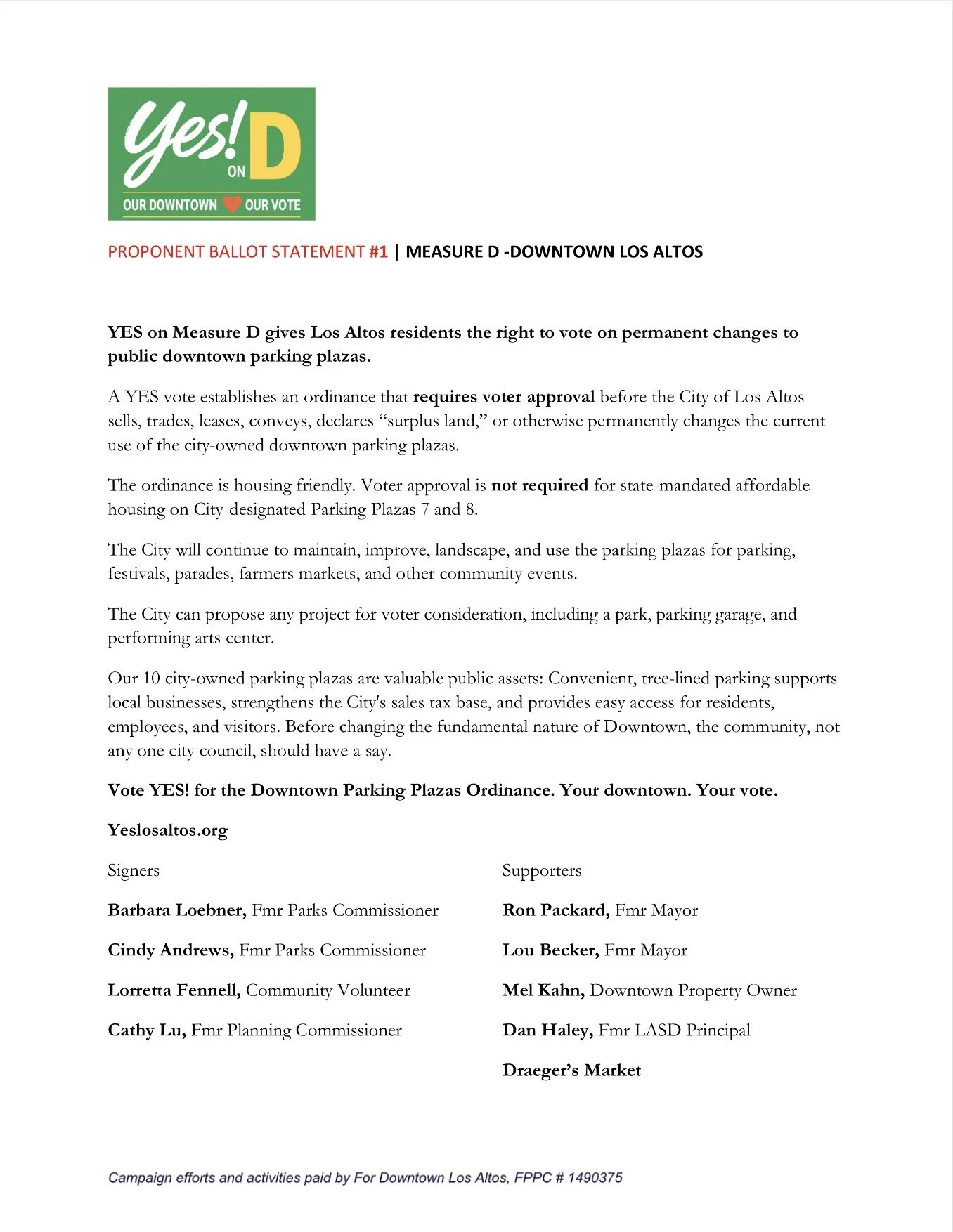 Proponent ballot statement in support of Measure D in Downtown Los Altos, advocating for residents' right to vote on changes to parking plazas, with signatures from community leaders and supporters.