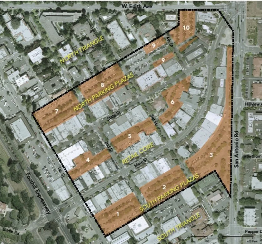 Map of a neighborhood block with labeled areas including North Triangle, South Triangle, North Parking Plazas, South Parking Plazas, Retail Core, and numbered sections 1 to 10, with streets such as West Edith Avenue, San Amorio Road, and Foothill Expressway visible.