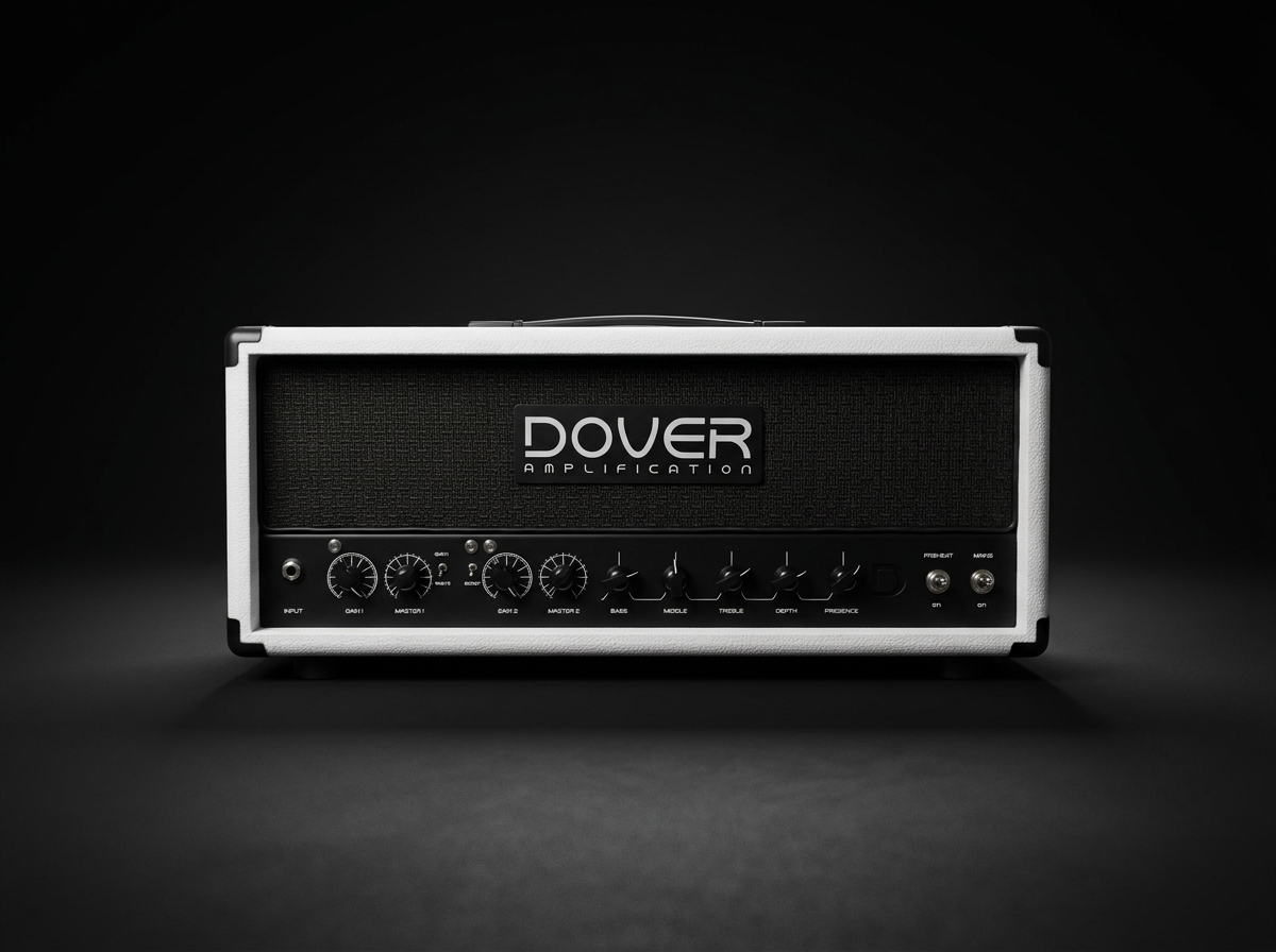 Guitar amplifier with a black front panel, knobs, and the brand name 'Dover Amplification' on a dark background.
