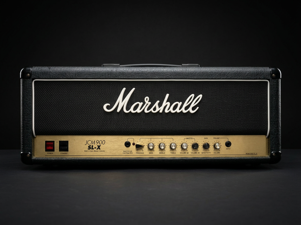 A black Marshall JCM 900 SL-X guitar amplifier head with the white Marshall logo on the front, placed on a dark surface with a black background.