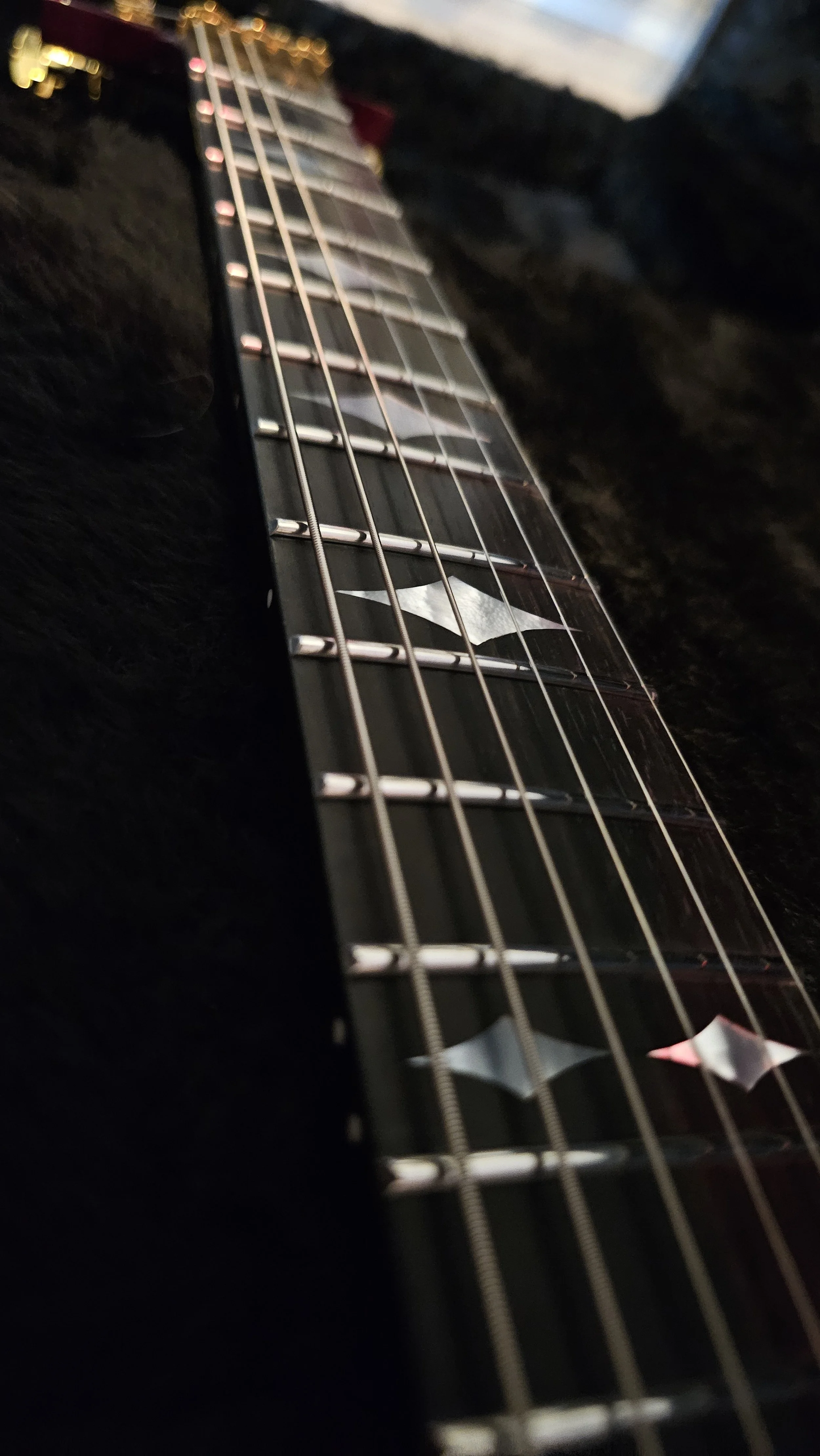 Close-up of a guitar neck with stainless steel frets and strings, focusing on the fretboard.