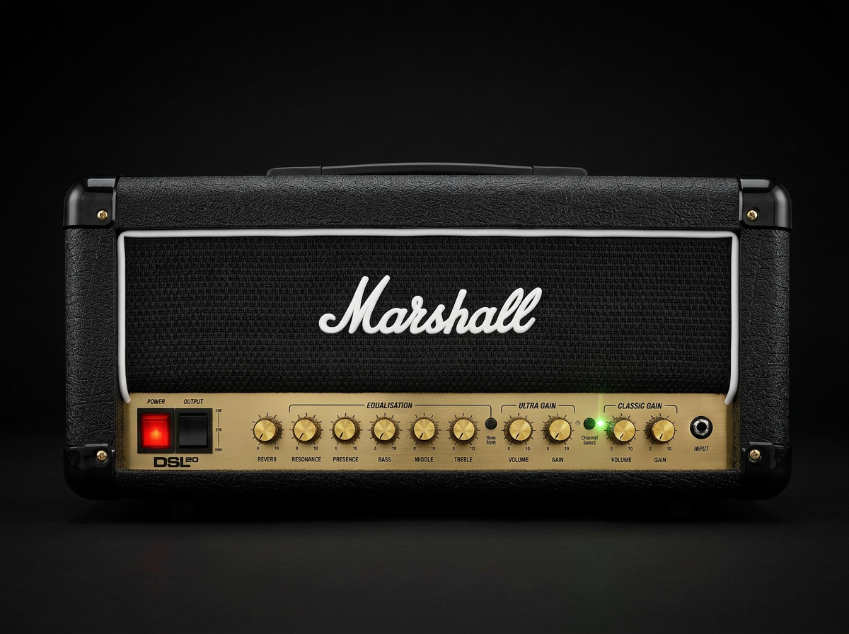 A Marshall DSL20 guitar amplifier head with black textured exterior, a gold control panel, and various knobs and switches, set against a dark background.