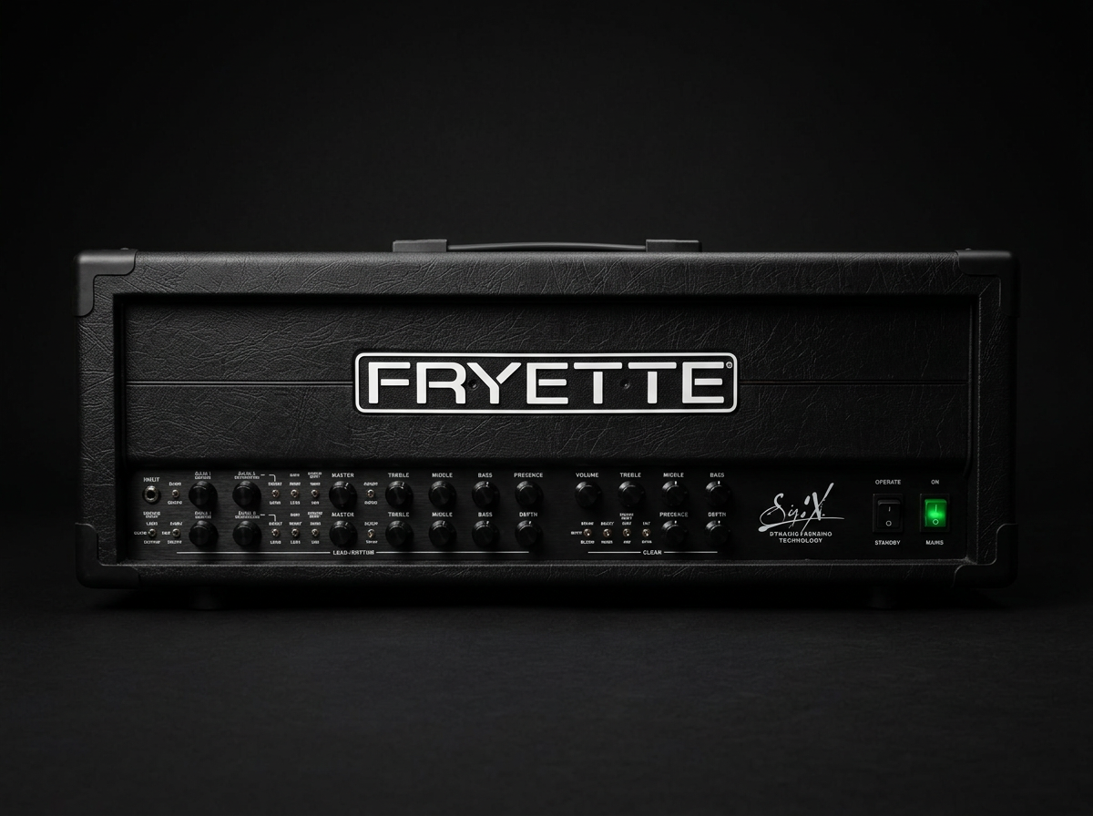 Black Fryette guitar amplifier head with various knobs and switches, and a large Fryette logo on the front.
