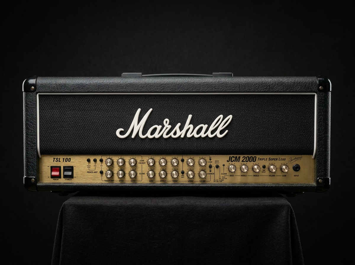 A black Marshall JCM 2000 TSL 100 guitar amplifier head with gold control panel and white logo, placed on top of a black cloth.