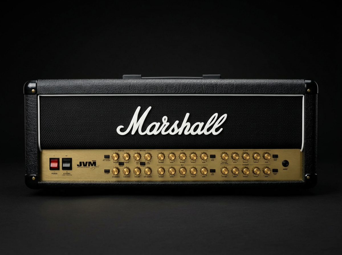 A black Marshall JVM guitar amplifier head with a gold control panel and white logo, set against a dark background.