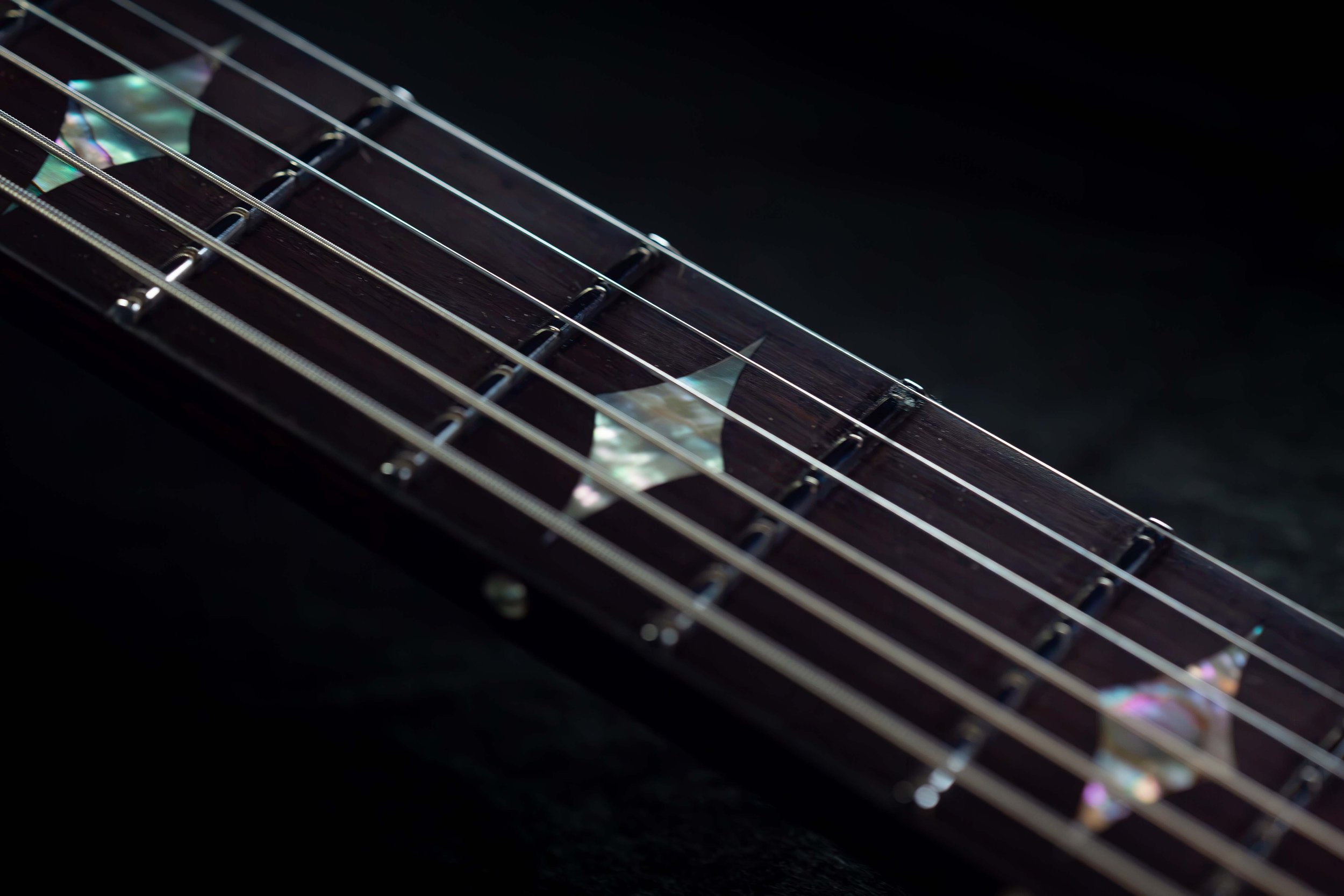 Close-up of a guitar fretboard with metal strings and abalone inlays against a dark background.
