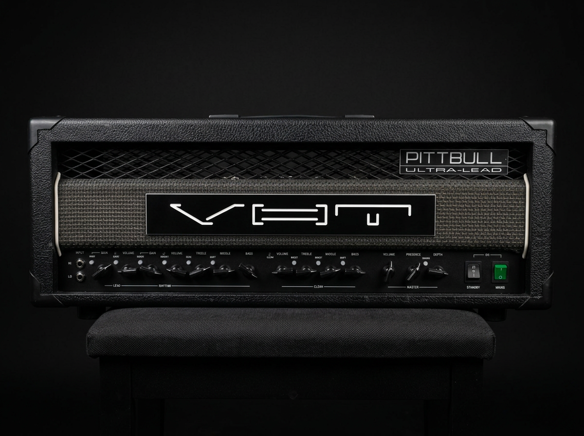 Guitar amplifier head with controls, knobs, and a digital display, labeled "VHT Pittbull Ultra-Lead" against a black background.