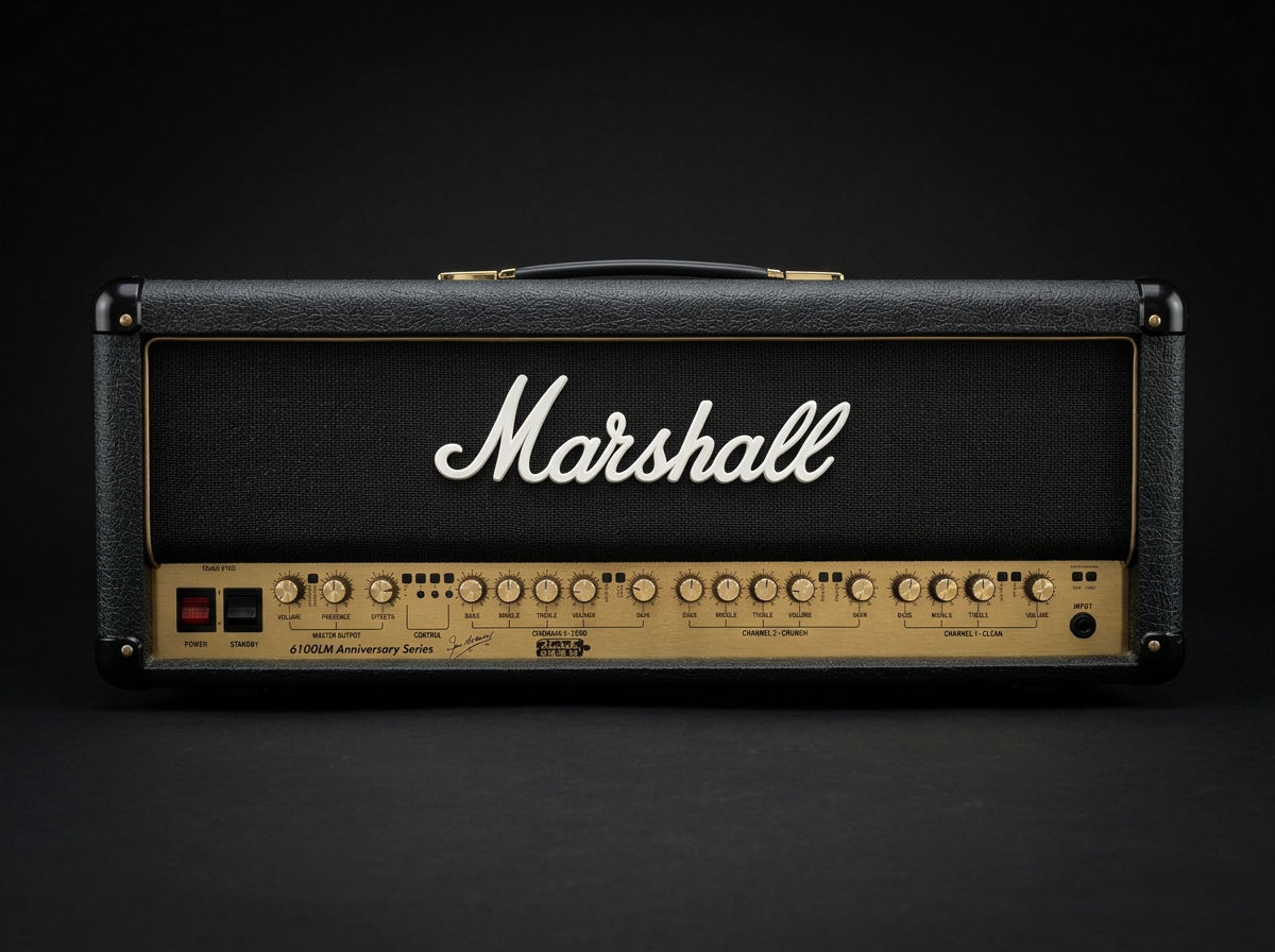 A black Marshall guitar amplifier head with gold accents, labeled as part of the 6100LM Anniversary Series.