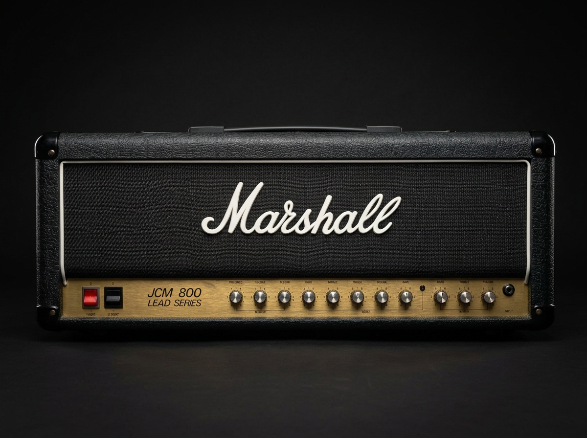 A Marshall JCM 800 Lead Series guitar amplifier head in black with gold control panel and white logo.