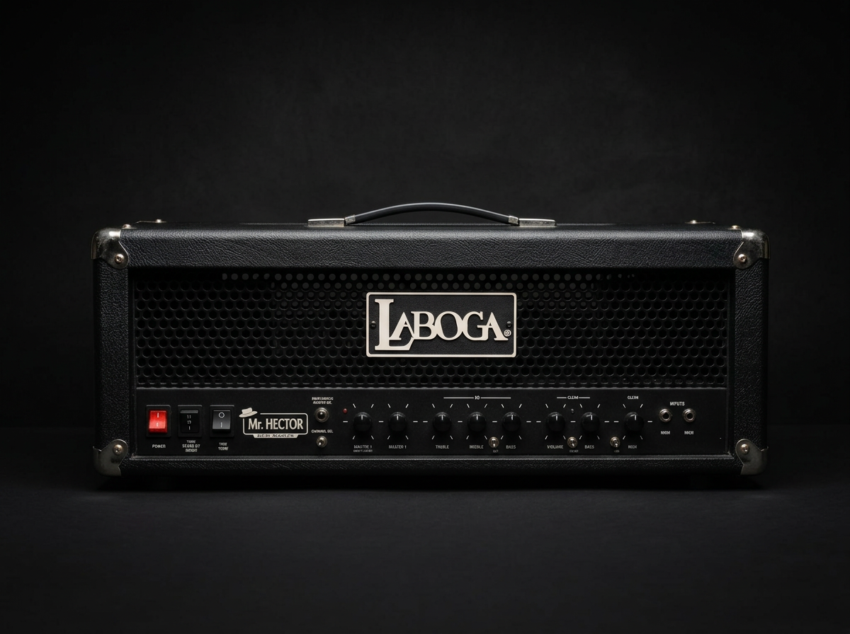 A black guitar amplifier head with the brand name 'Laboga' in the center, placed on a black surface against a black background. The front panel has various knobs, switches, and input jacks, with a label on the left that reads 'Mr. Hector'.