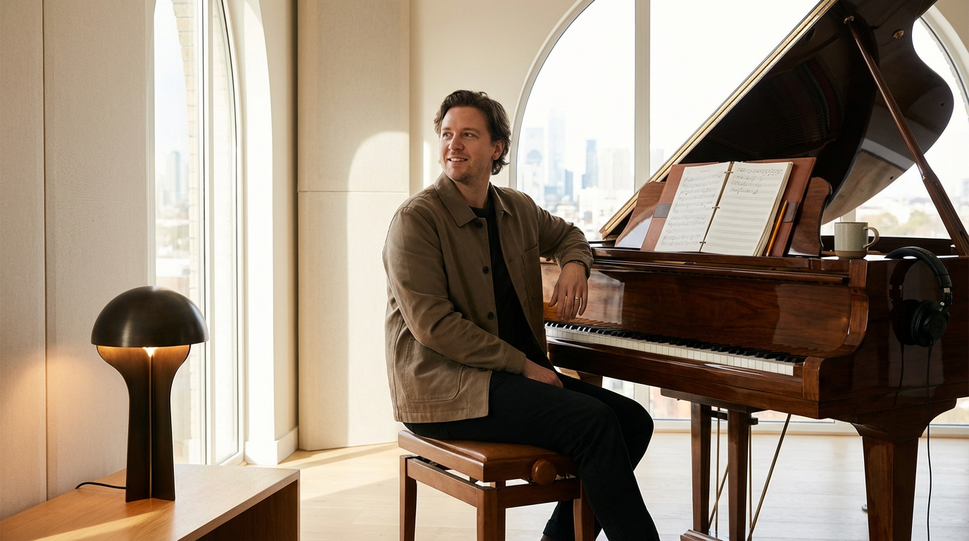 A man sitting at a grand piano with a large window in the background, an open music book on the piano, and a cup on top. There is a black lamp on a small wooden table nearby.