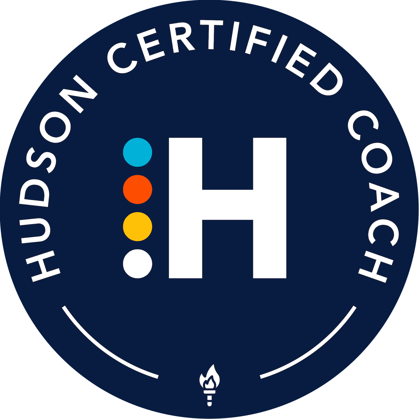 A circular logo with a dark navy background, featuring the letter 'H' in the center, with four colored dots (blue, red, yellow, white) vertically aligned to the left of the letter. The words "HUNDSON CERTIFIED COACH" surround the upper half of the circle, and a small flame icon appears at the bottom.