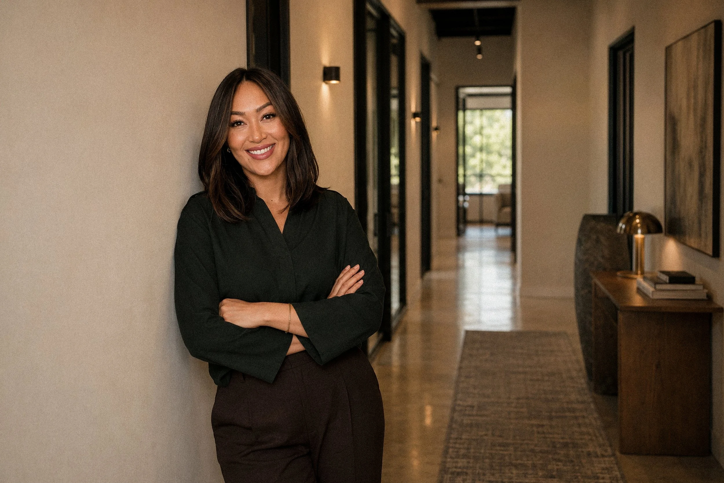 A woman with shoulder-length brown hair wearing a black jacket and pants, smiling with arms crossed, leaning against a wall in a hallway with framed artwork, lamps, and a table with a lamp and books.