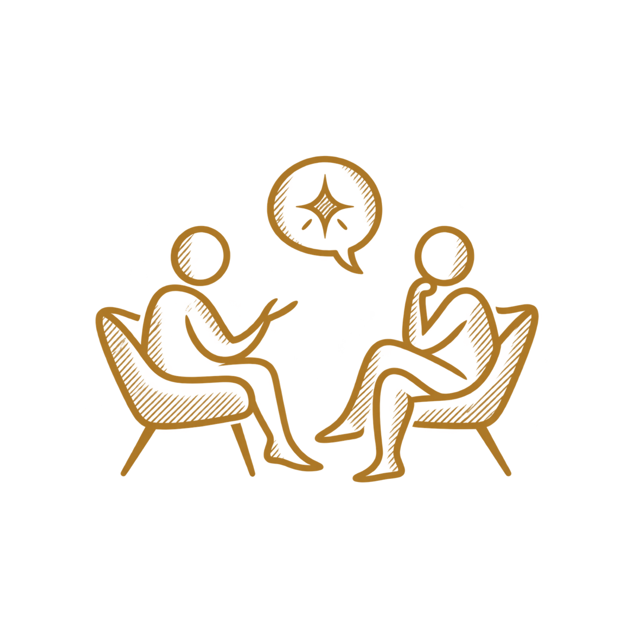 A hand-drawn illustration featuring a happy person with curly hair surrounded by speech bubbles containing icons of stars and moons, all in an orange-brown color on a black background.