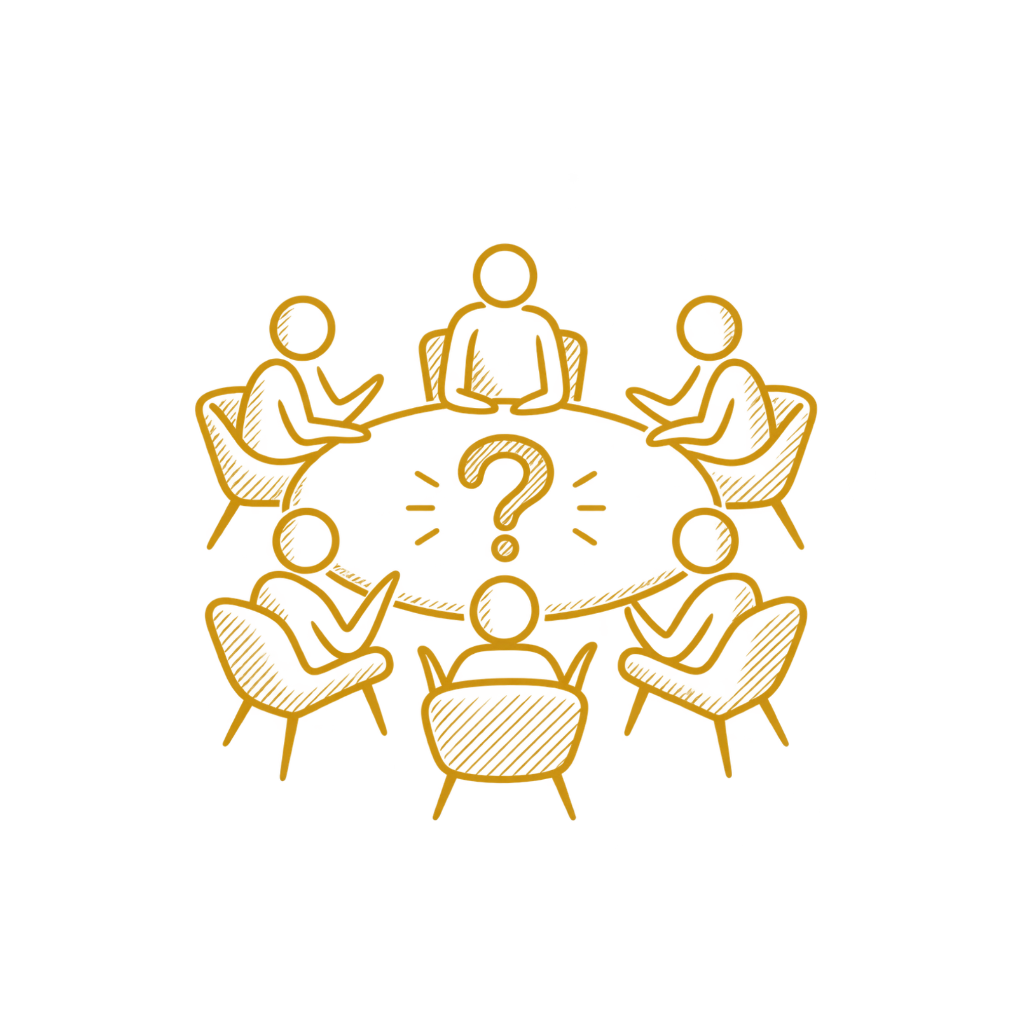 Illustration of a group discussion with icons representing people connected by lines and question marks, symbolizing teamwork and brainstorming.