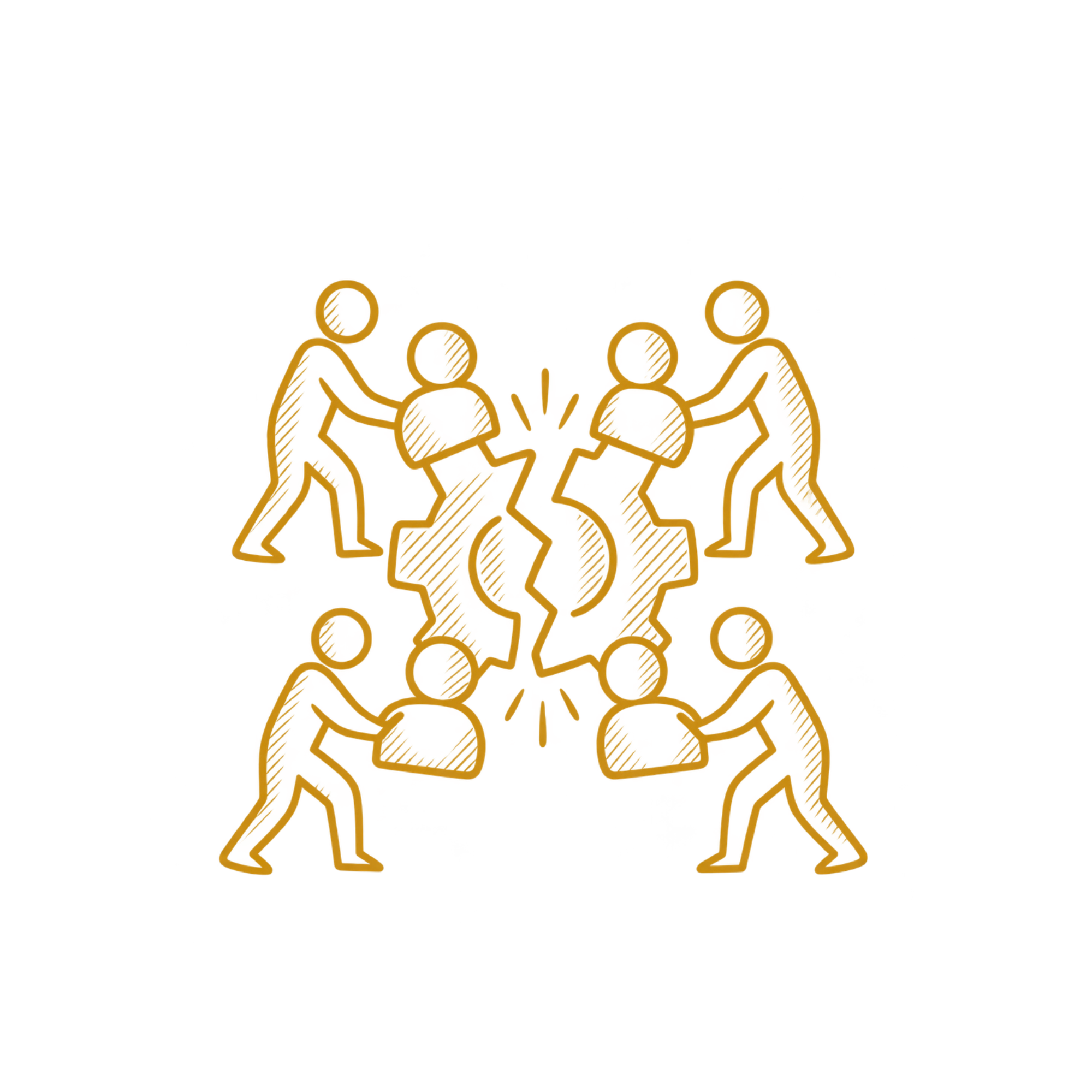 Line drawing of a group of people engaging in a tug-of-war competition.