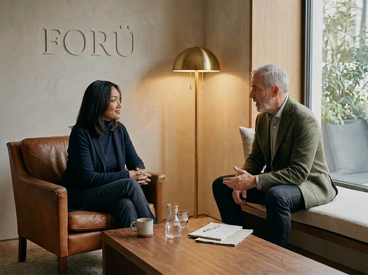 A woman and a man having a conversation in a modern, cozy room with a wooden table, glass of water, notebook, and a window with greenery outside.