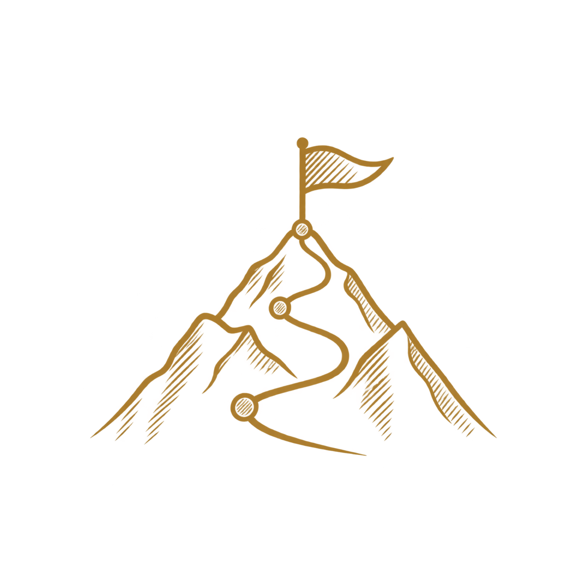 Colored hand-drawn diagram of a person climbing a mountain with a flag at the peak.