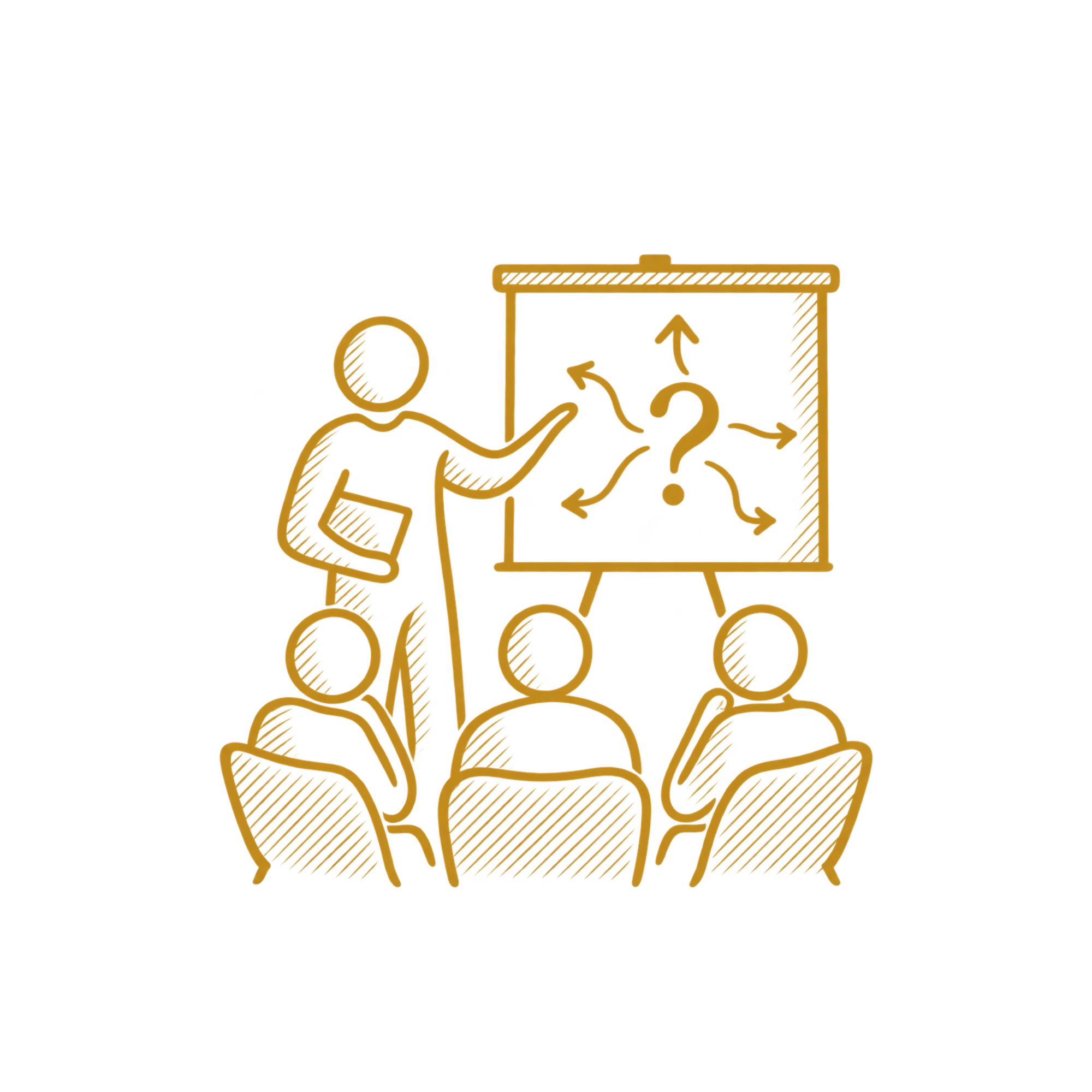 A simple illustration of a person with a circular head and a body made of a curved line, with arrows and question marks around them, pointing towards a box labeled 'Strategy'.