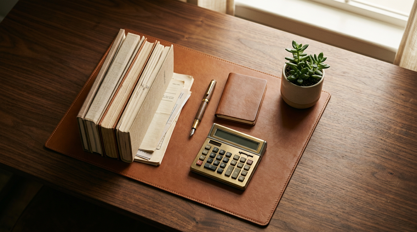 A wooden desk with a row of books, a notepad, a calculator, a pen, a small leather notebook, and a potted succulent plant.