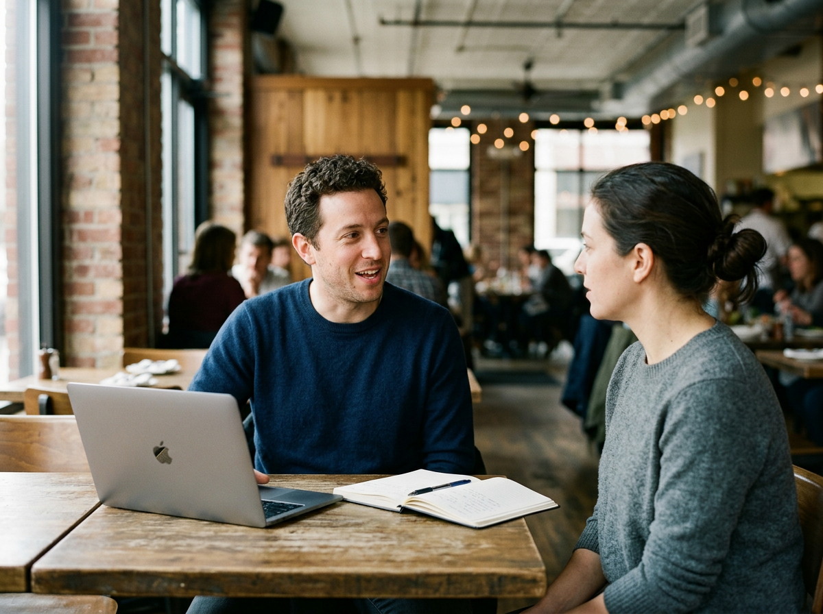 Two people sitting at a wooden table in a cozy, well-lit cafe, engaged in conversation. A MacBook laptop and a notebook with a pen are on the table. Other patrons are visible in the background, and string lights hang from the ceiling.