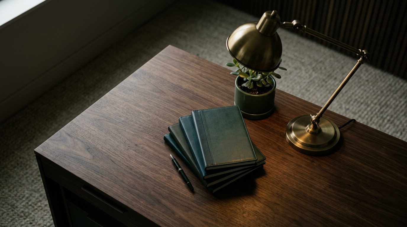 A wooden desk with a brass desk lamp, a small potted plant, a stack of four green notebooks, and a black pen.