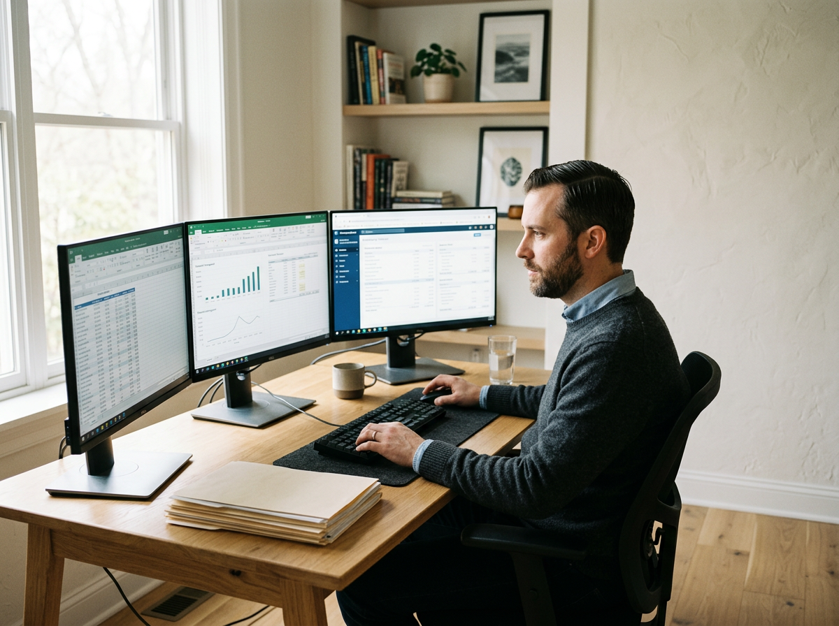 A man sitting at a desk with three monitors, working on spreadsheets and data analysis, with a window and bookshelf in the background.