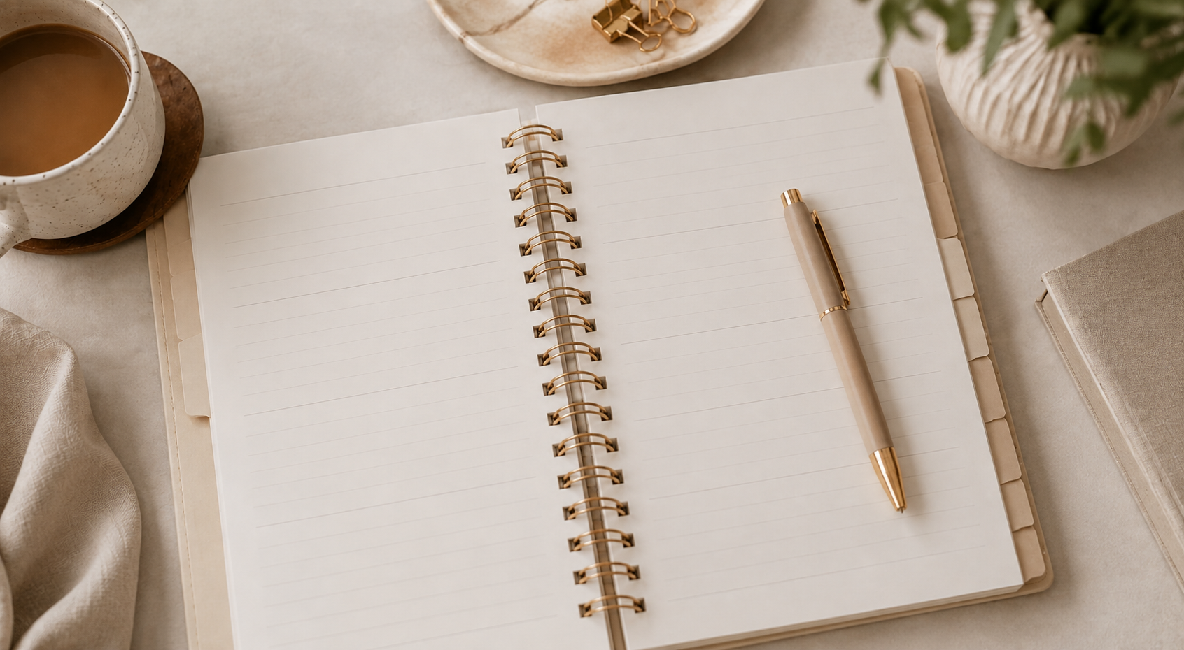 Open beige spiral notebook with lined pages and a beige pen resting on it, surrounded by a cup of tea, a small plate with gold clips, a beige cloth, a closed book, and a potted plant on a neutral-toned table.