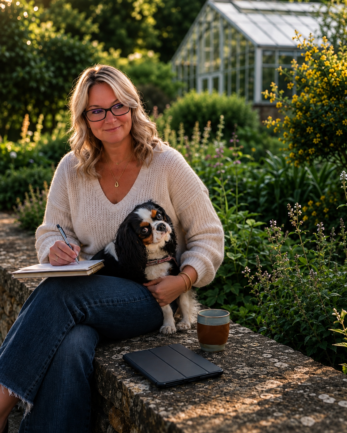 A woman with blonde curly hair, glasses, and a white knit sweater sitting outside on a stone bench, holding a Cavalier King Charles Spaniel dog, writing in a notebook, with a mug and a tablet on the bench, surrounded by green plants and flowers in a garden, with a greenhouse in the background.