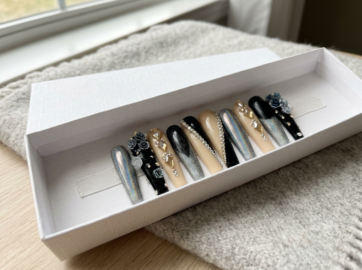 A white box containing a set of ten decorative nail tips with various designs and embellishments, placed on a soft gray surface near a window.