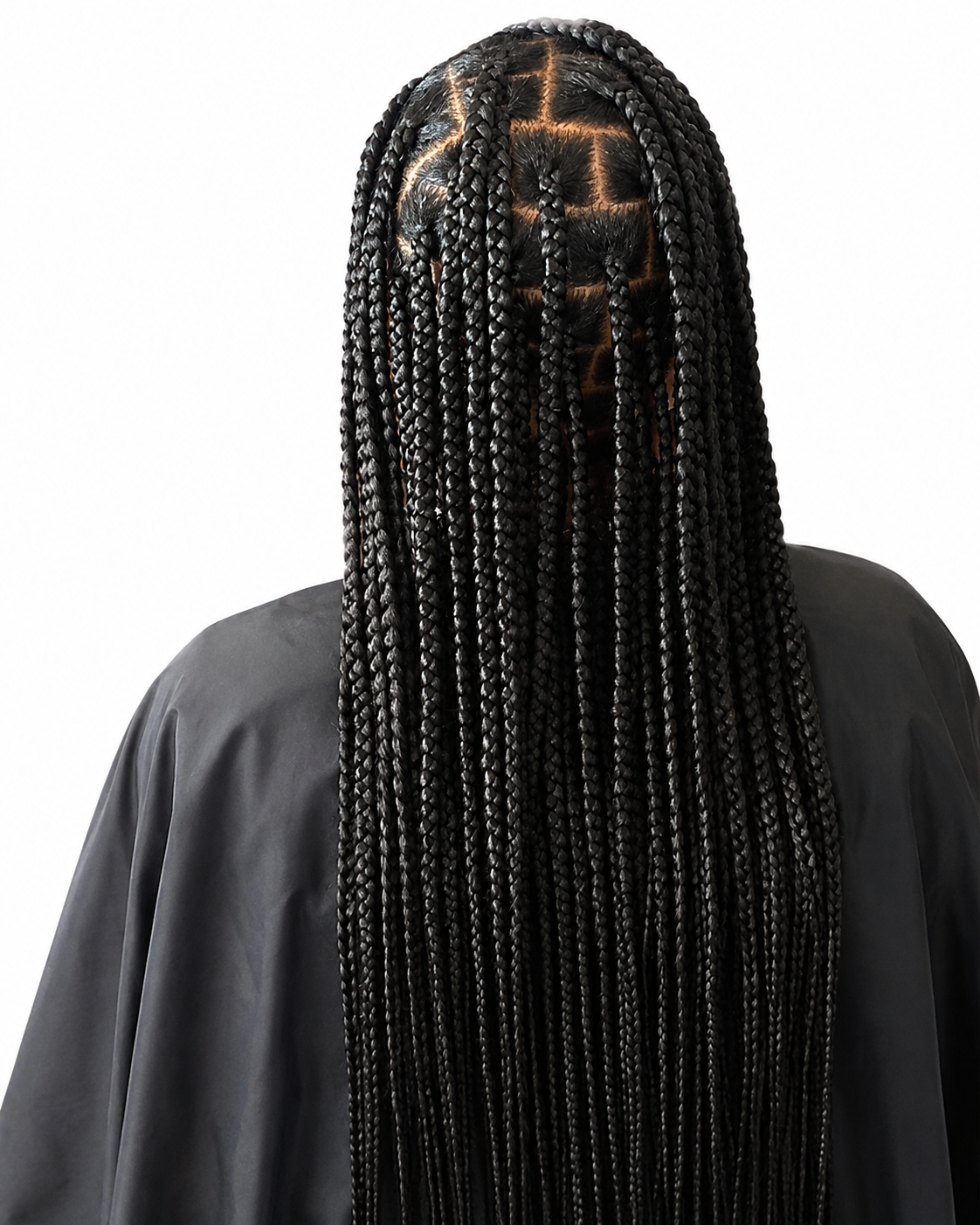 Back of a person with long, neatly braided black hair, wearing a black jacket, against a white background.